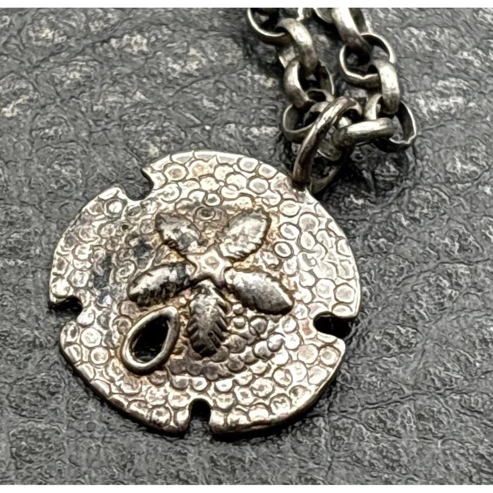 Vintage Sterling Silver Sand Dollar Pendant Rolo Chain Necklace Beach Sea Boho